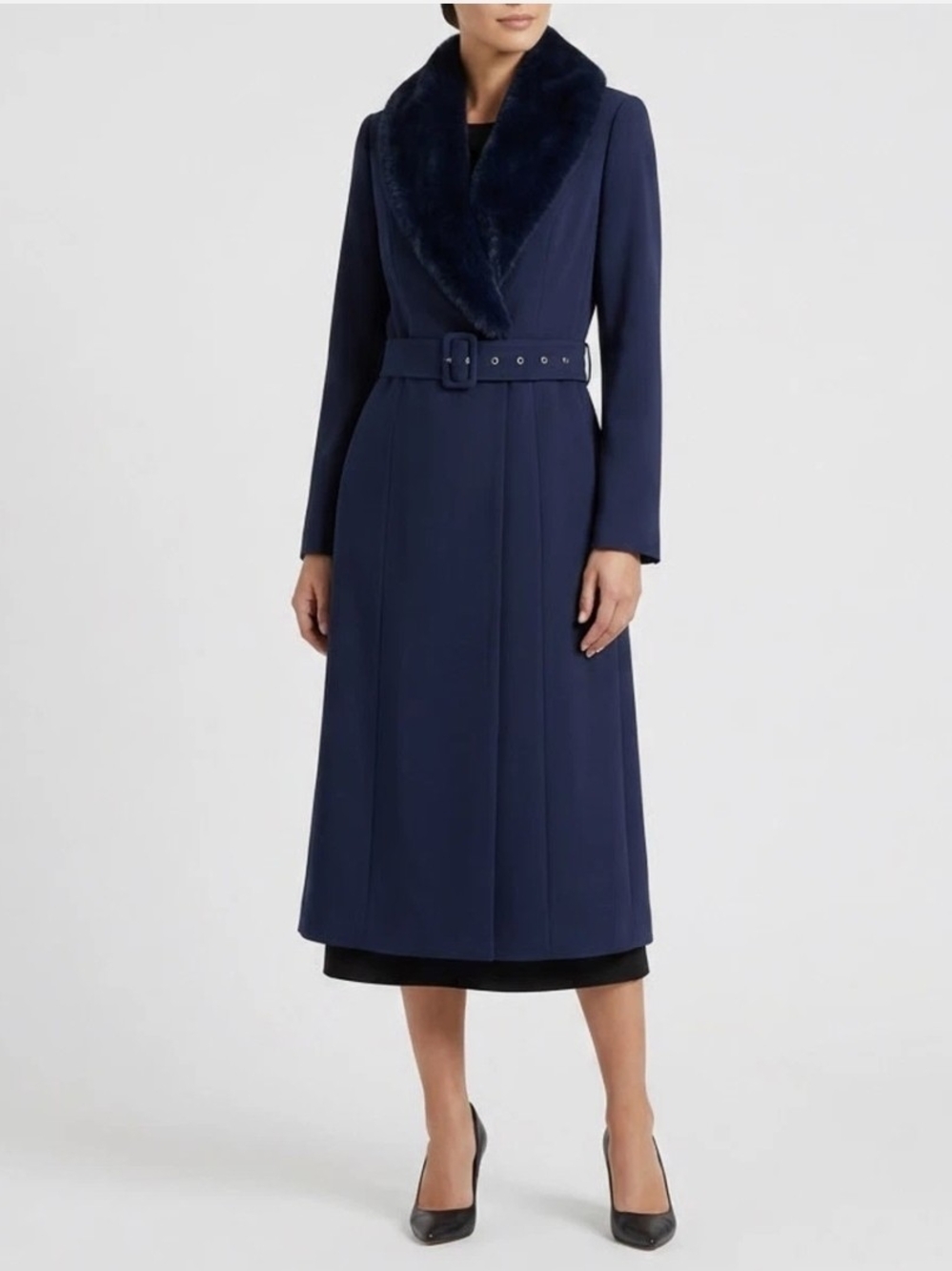 NWOT naked wardrobe Navy Blue Trench Coat or Sexy Coat Sress with Faux Fur Trim